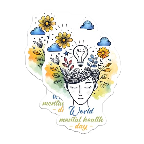 (2 Pack) World Mental Health Day Stickers - Inspirational Design - Mental Wellness - 5" On Longest Side - Sticks to Smooth Flat Surfaces - Made in USA - BMCS8244
