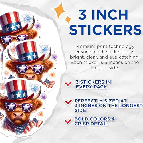 (3 Pack) Patriotic Highland Cow Decals - USA Flag Cow - 4th of July Decals- 3 Inches On Longest Side - Easy Peel & Apply - Made in USA - 3MCS5099
