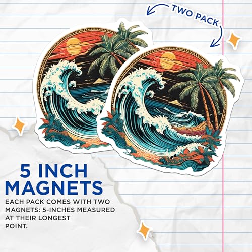 (2 Pack) Ocean Wave Scenic Magnets Magnets - Tropical Beach - Colorful Sun and Palm Trees - 5" On Longest Side - Made in USA - Sticks to Refrigerators & Metal Surfaces - MAG9253