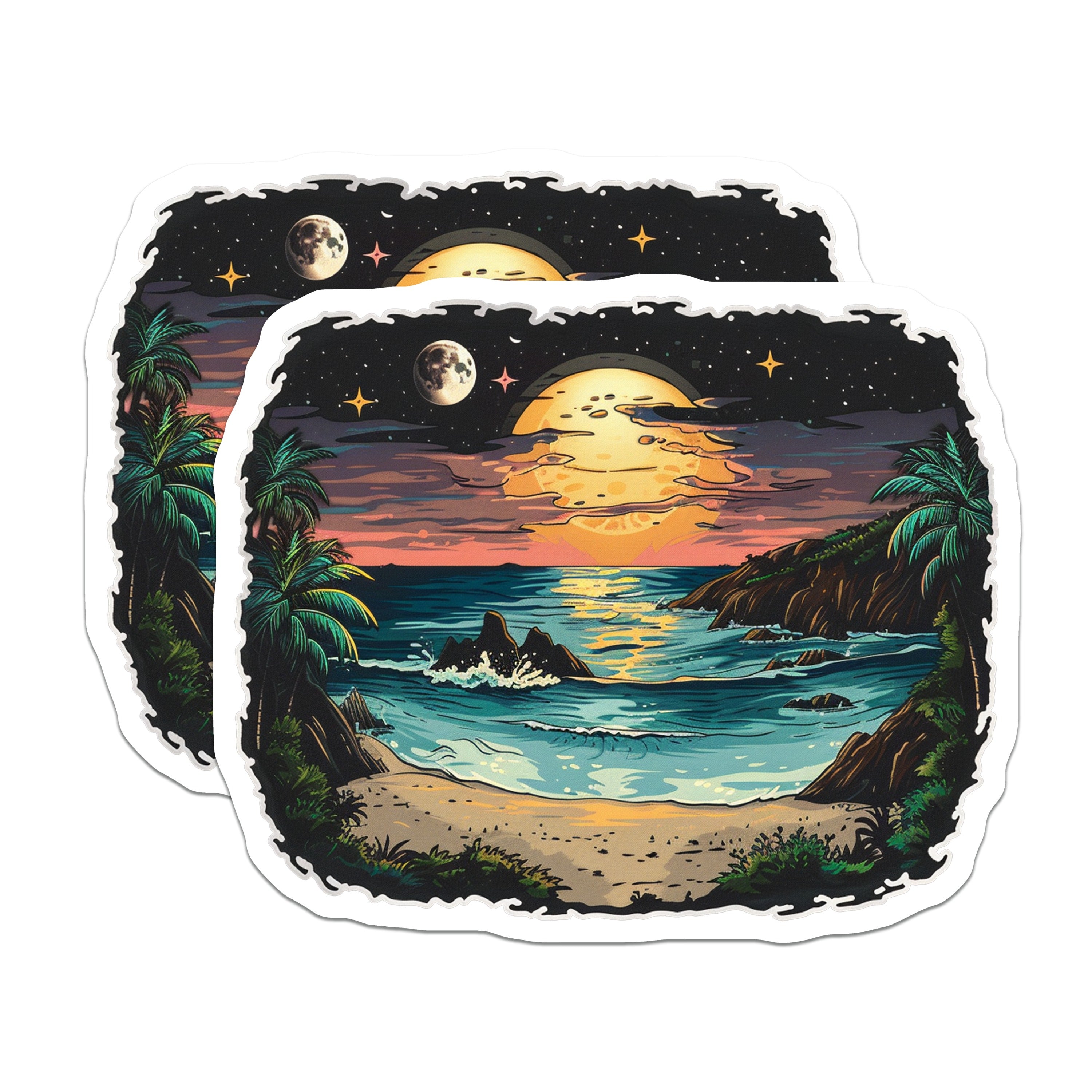 (2 Pack) Moonlit Beach Magnets - Tropical Night Ocean - Palm Tree Island Art - Coastal Decor Aesthetic - 5 Inches On Longest Side - Thick Durable Magnet - Made in USA - MAG36991