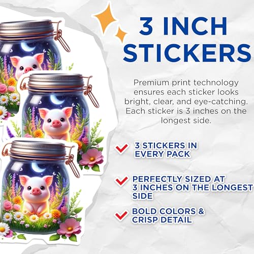(3 Pack) Pig in Jar Decals - Cute Animal Sticker - Floral Illustration Decals - 3 Inches On Longest Side - Easy Peel & Apply - Made in USA - 3MCS8131