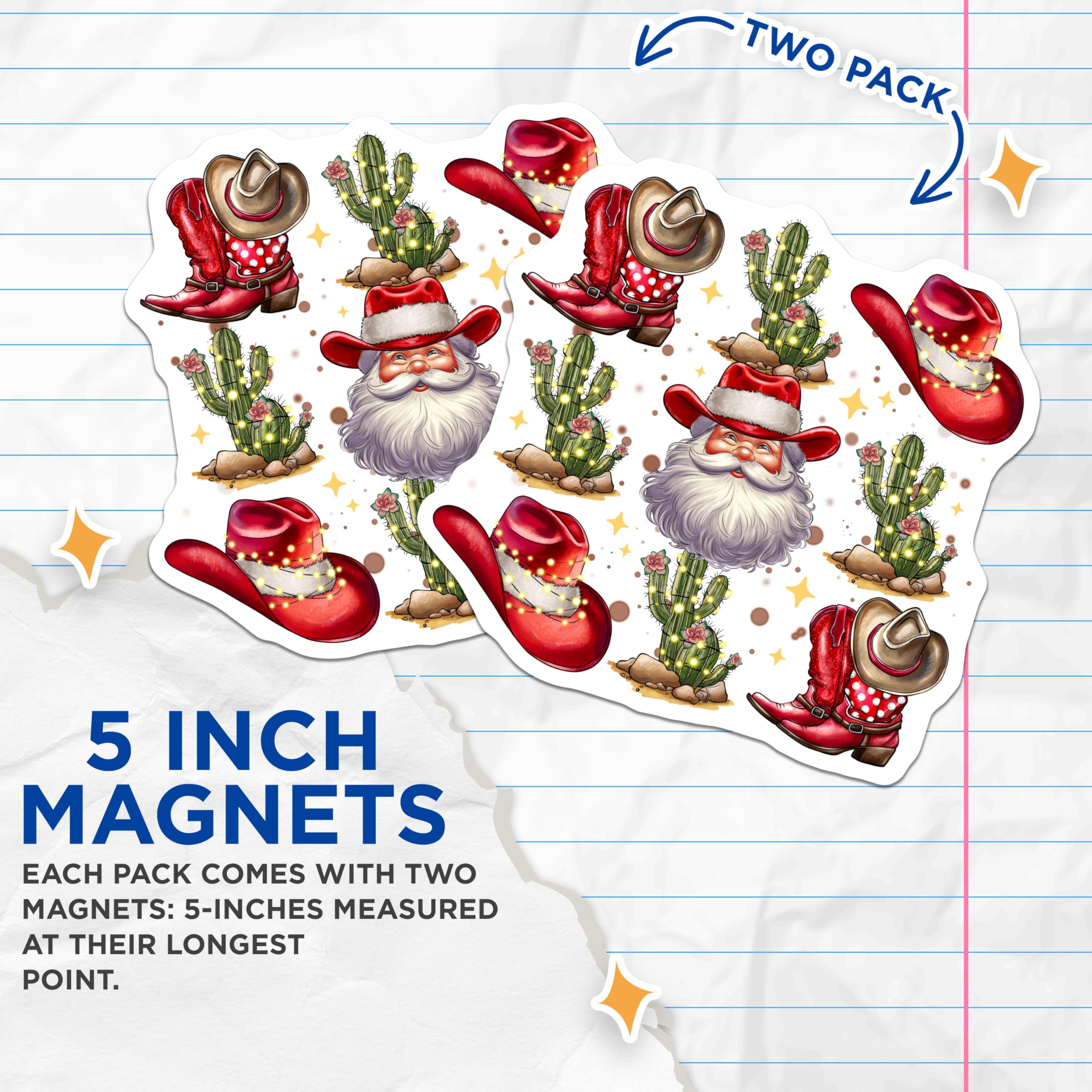 (2 Pack) Western Santa Magnets - Cowboy Christmas Decor - Festive Refrigerator Magnets - 5 Inches On Longest Side - Thick Durable Magnet - Made in USA - MAG29188