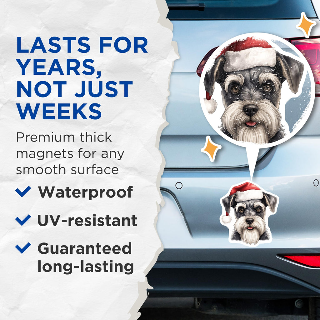(2 Pack) Schnauzer Christmas Magnets - Adorable Santa Hat Schnauzer Dog - Festive Refrigerator and Home Decor - 5 Inches On Longest Side - Thick Durable Magnet - Made in USA - MAG24993