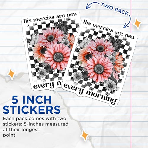 (2 Pack) His Mercies are New Every Morning Stickers - Floral Sunflower Stickers - Inspirational Quote Stickers - 5" On Longest Side - Sticks to Smooth Flat Surfaces - Made in USA - BMCS9576