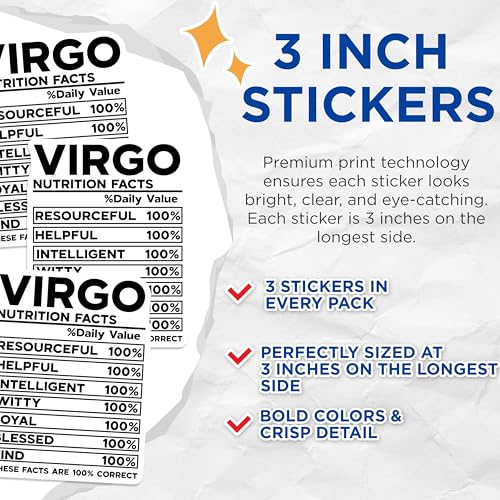 (3 Pack) Virgo Nutrition Facts Decals - Zodiac Sign Sticker - Astrological Signs Decal - 3 Inches On Longest Side - Easy Peel & Apply - Made in USA - 3MCS4319
