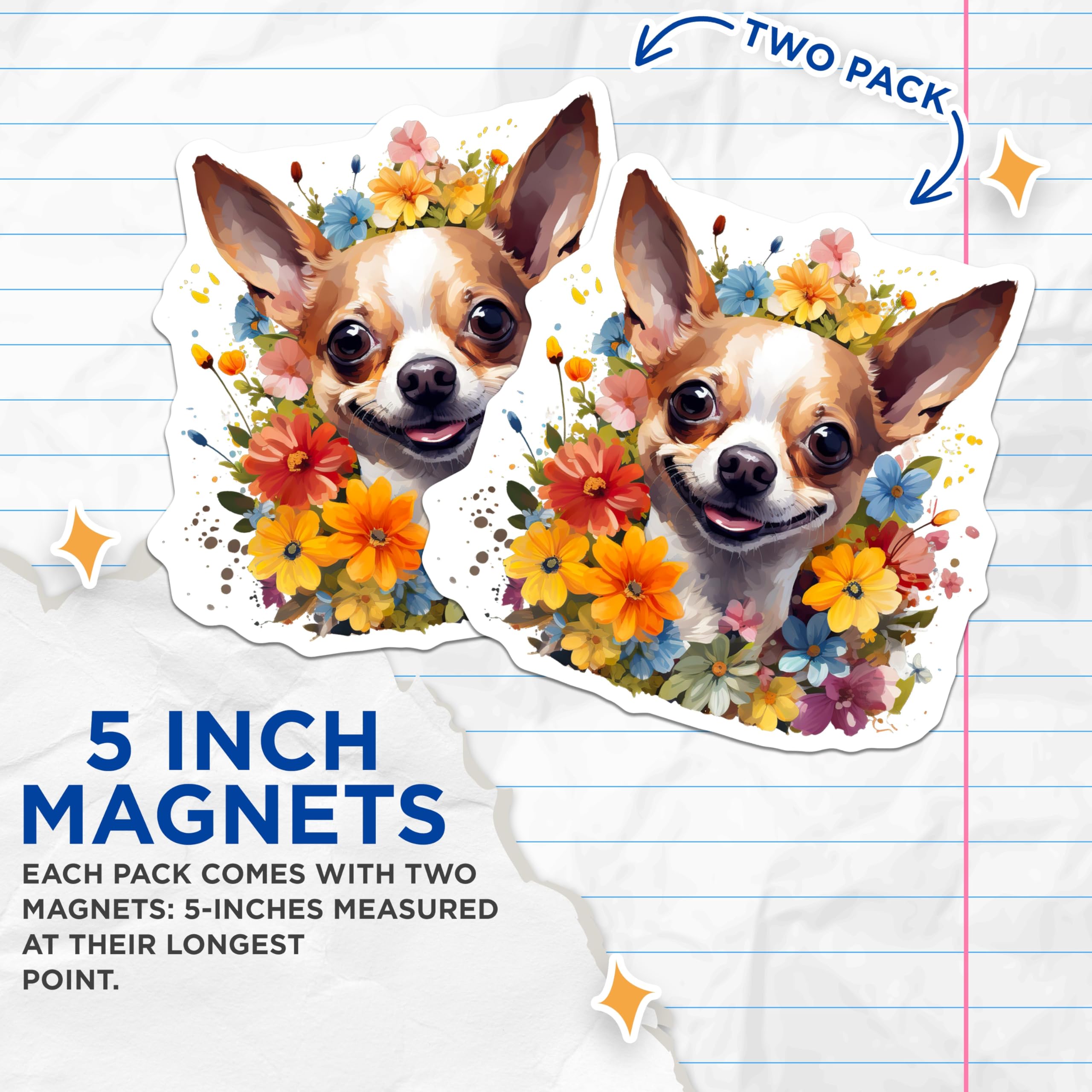 (2 Pack) Smiling Chihuahua Magnets - Vibrant Floral Dog Art - Adorable Pet Lover Appliance Decor - Happy Dog Fridge Accessory - 5 Inches On Longest Side - Thick Durable Magnet - Made in USA - MAG23426