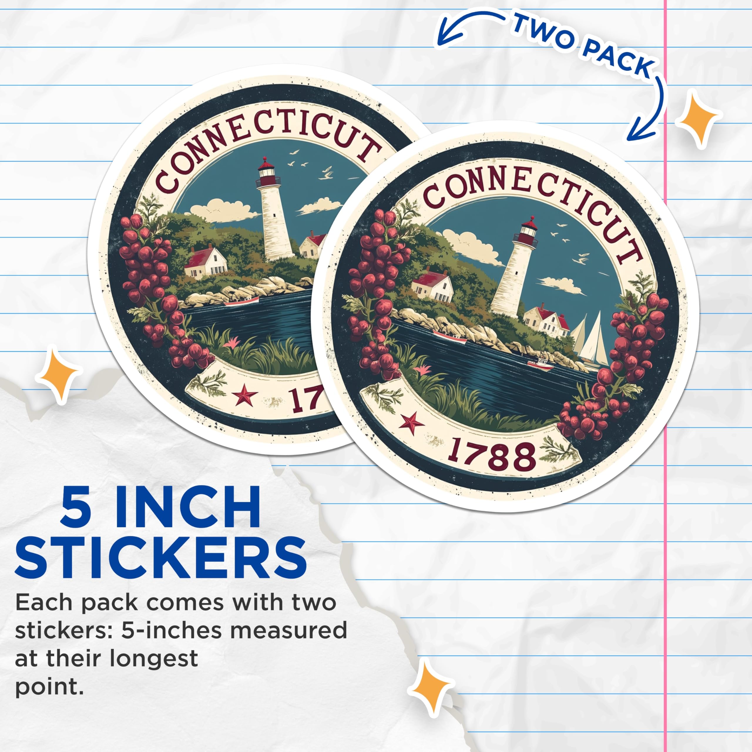 (2 Pack) Connecticut Stickers - CT State Lighthouse - Vintage Travel Souvenir - 5" On Longest Side - Sticks to Smooth Flat Surfaces - Made in USA - BMCS15259