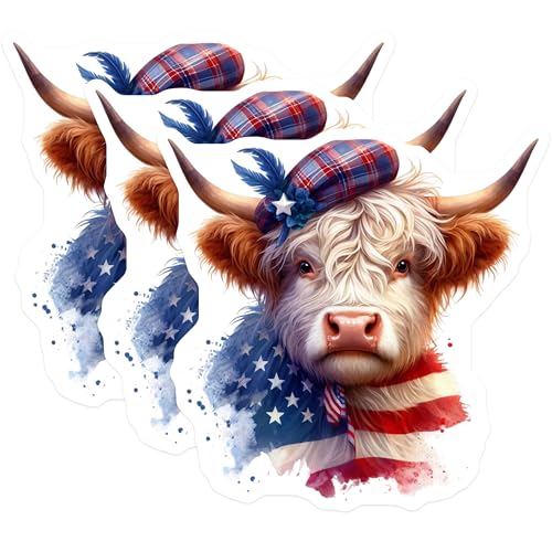 (3 Pack) Highland Cow Decals - Patriotic Bull - Scottish Heifer- 3 Inches On Longest Side - Easy Peel & Apply - Made in USA - 3MCS5108