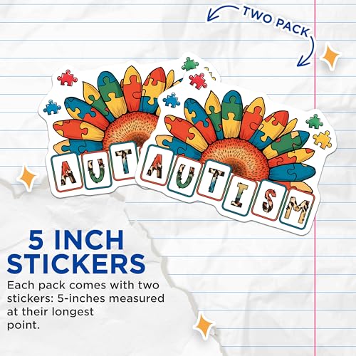 (2 Pack) Autism Awareness Stickers - Puzzle Piece Stickers - Flower Design Stickers - 5" On Longest Side - Sticks to Smooth Flat Surfaces - Made in USA - BMCS9695