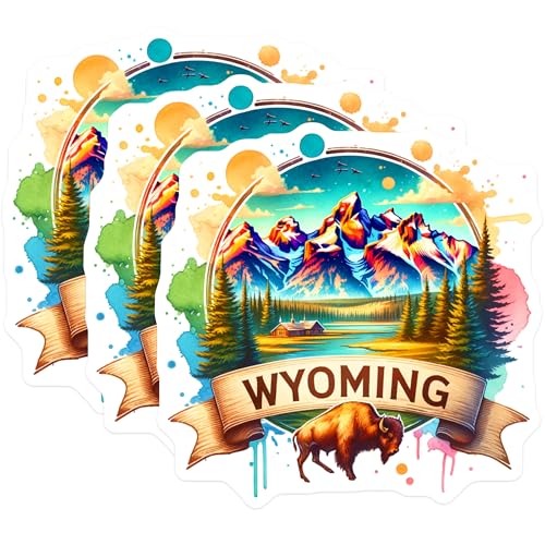 (3 Pack) Wyoming Decals - Colorful Mountain Landscape - Bison Artwork- 3 Inches On Longest Side - Easy Peel & Apply - Made in USA - 3MCS5393