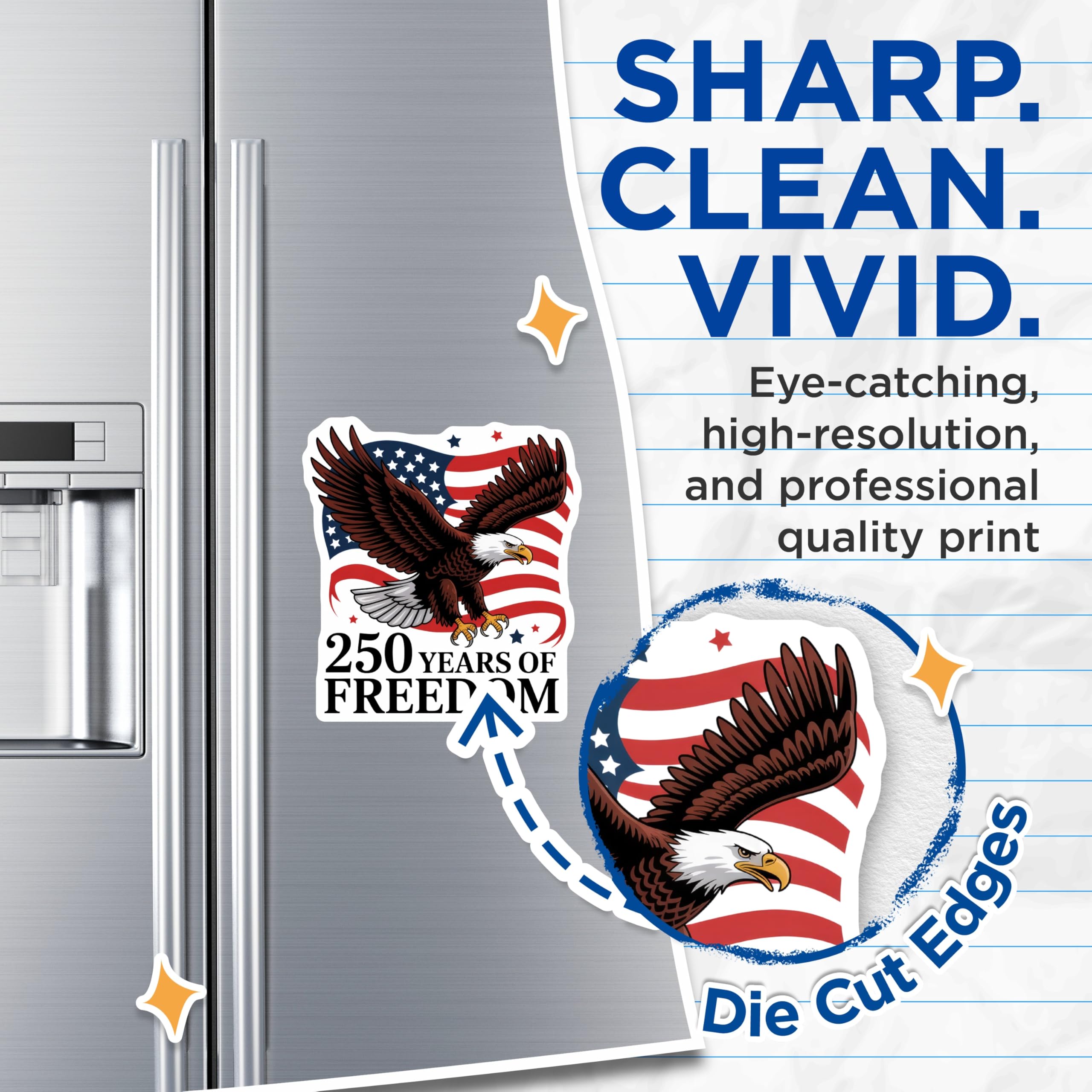 (2 Pack) Eagle American Flag Magnets - 250 Years Freedom - Patriotic USA Decoration - 5" On Longest Side - Premium Magnet - for Cars, Refrigerators, Toolboxes, Lockers - Made in USA - MAG15772