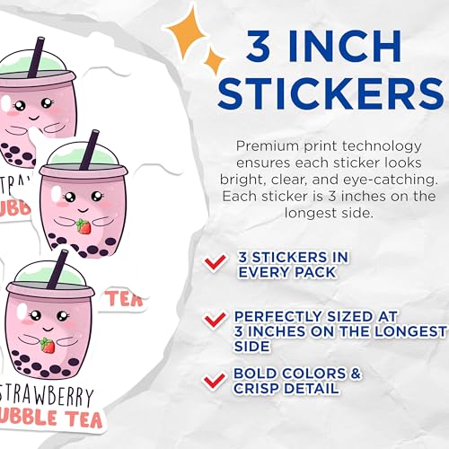 (3 Pack) Strawberry Bubble Tea Decals - Boba Tea Sticker - Laptop Decal - 3 Inches On Longest Side - Easy Peel & Apply - Made in USA - 3MCS6524