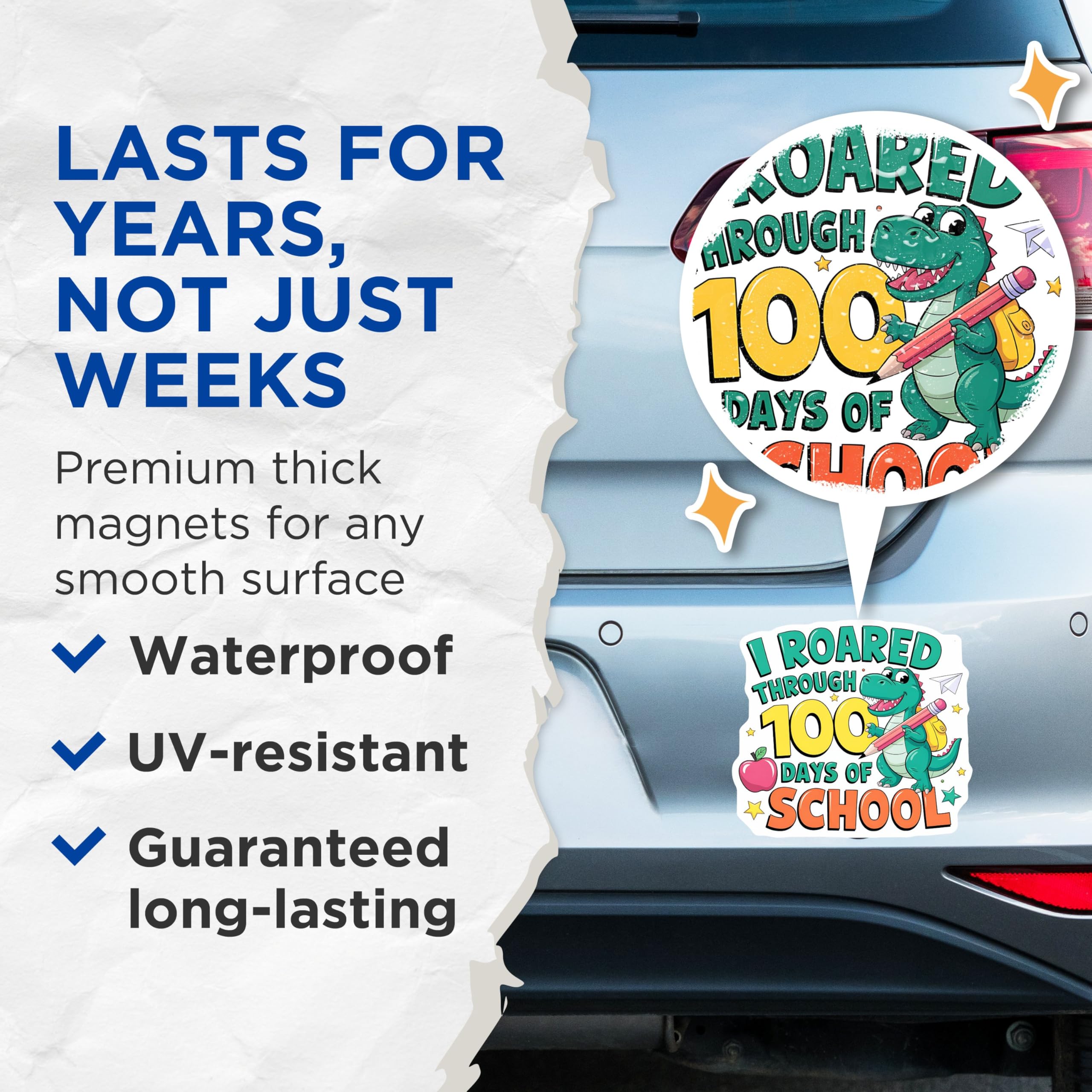 (2 Pack) Fun School Magnets - 100 Days of School Magnets - Dino Classroom Decor Magnets for Teachers - 5" On Longest Side - for Cars, Refrigerators, Toolboxes, Lockers - Made in USA BMCS3502