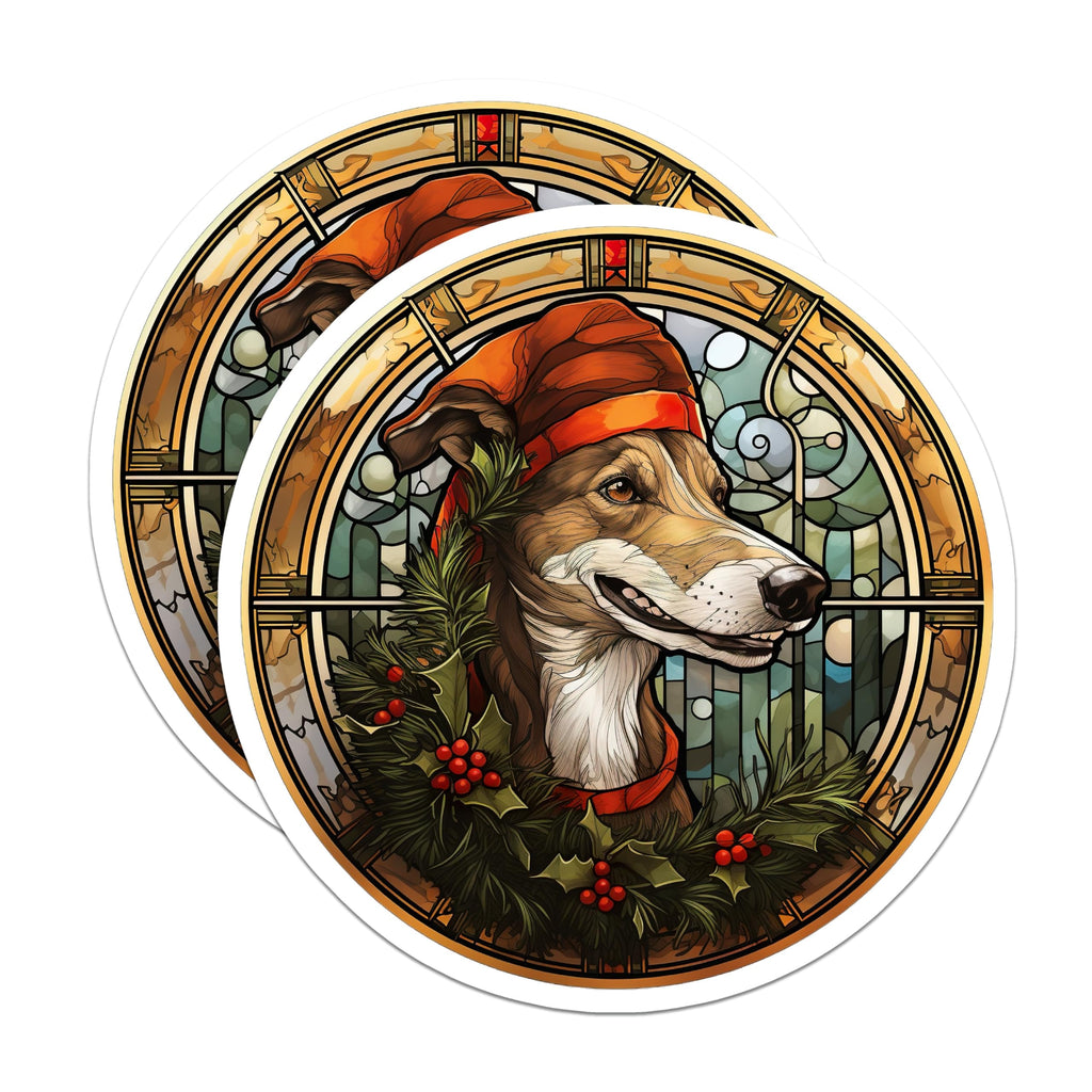 (2 Pack) Christmas Dog Magnets - Stained Glass Holiday Decor - Festive Sighthound Pet Lover Artwork - 5 Inches On Longest Side - Thick Durable Magnet - Made in USA - MAG30136