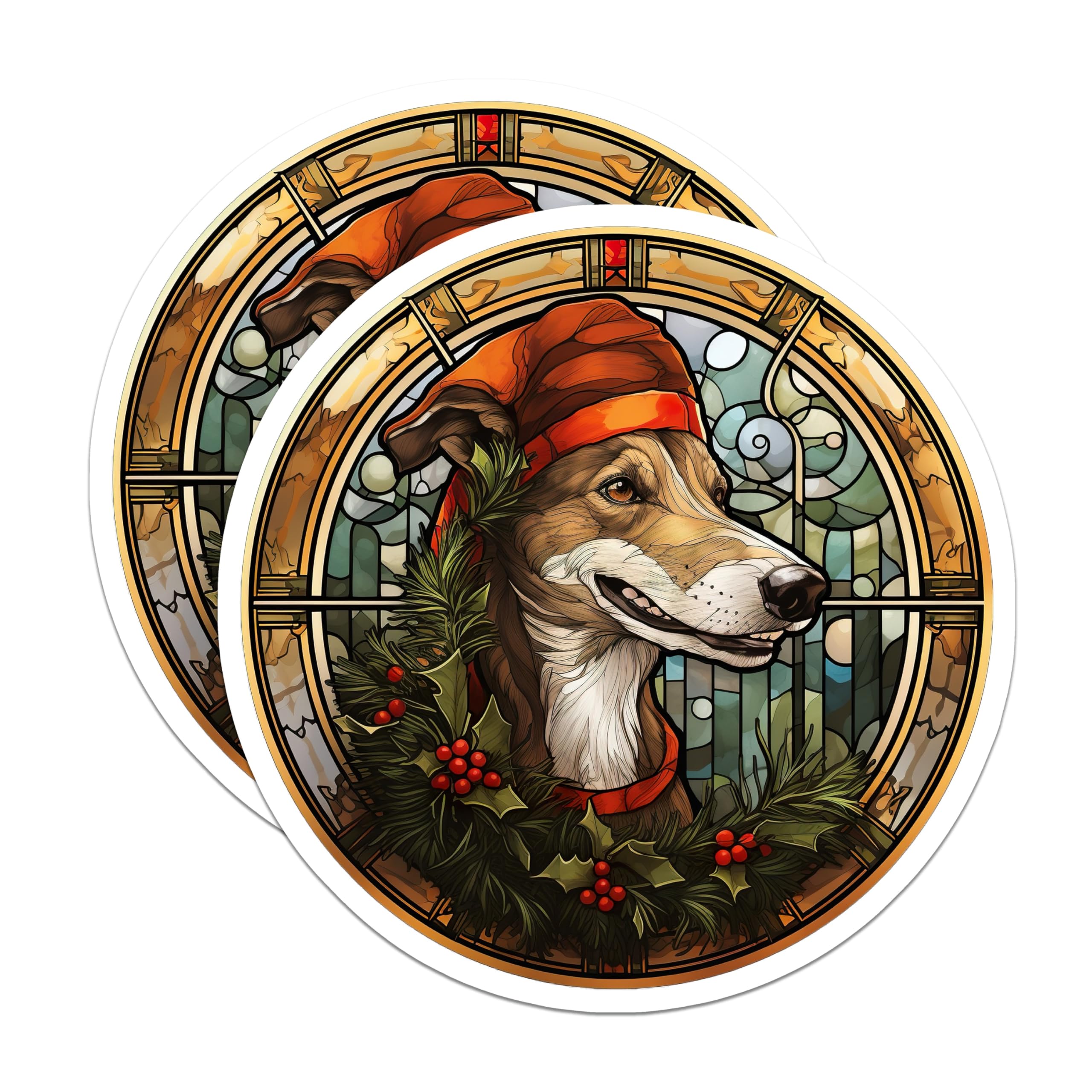 (2 Pack) Christmas Dog Magnets - Stained Glass Holiday Decor - Festive Sighthound Pet Lover Artwork - 5 Inches On Longest Side - Thick Durable Magnet - Made in USA - MAG30136