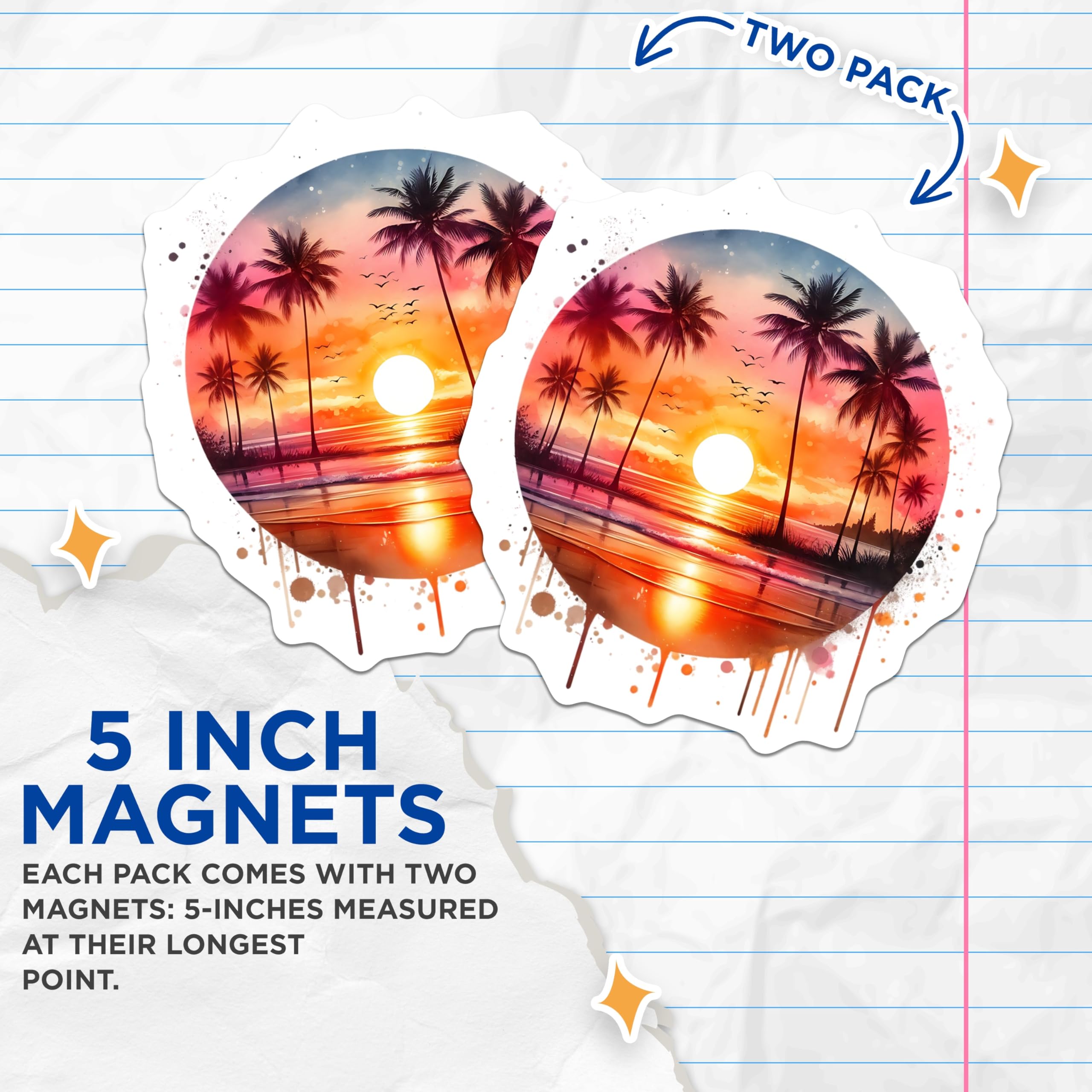(2 Pack) Sunset Beach Magnets - Palm Tree Scene Fridge Magnets - Ocean View Home Decor - 5" On Longest Side - Premium Magnet - for Cars, Refrigerators, Toolboxes, Lockers - Made in USA - MAG15710