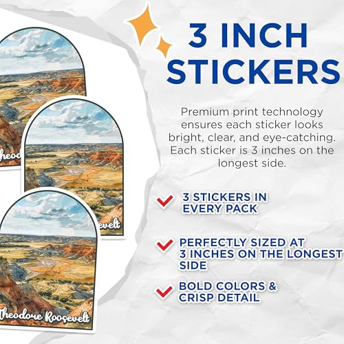 (3 Pack) Theodore Roosevelt Decals - National Park Decal - Landscape Decals - 3 Inches On Longest Side - Easy Peel & Apply - Made in USA - 3MCS0439