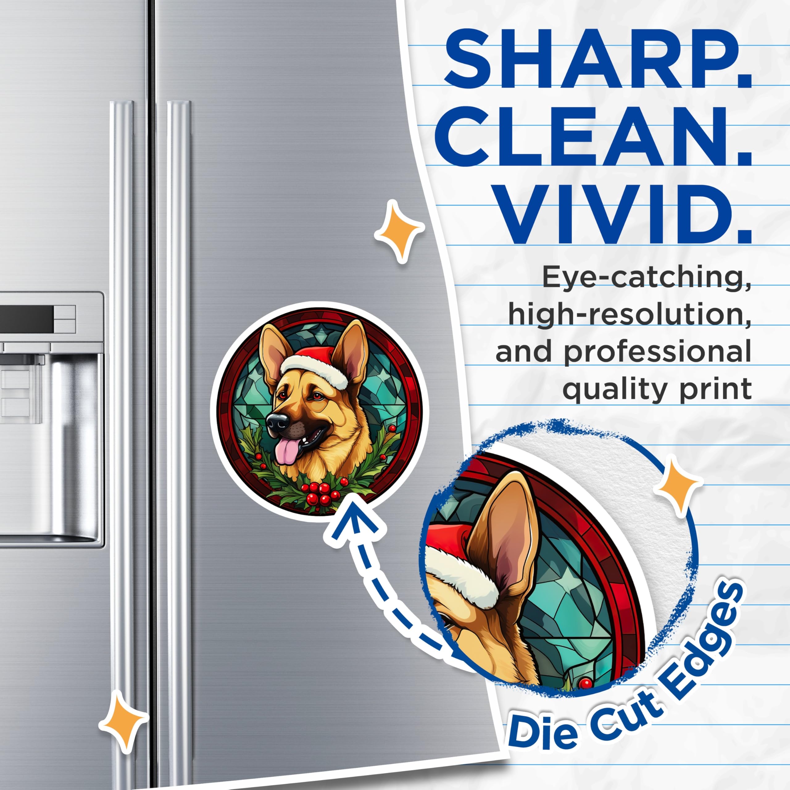 (2 Pack) German Shepherd Christmas Magnets - Festive Stained Glass Dog Art - Pet Lover Holiday Decor - 5 Inches On Longest Side - Thick Durable Magnet - Made in USA - MAG30724