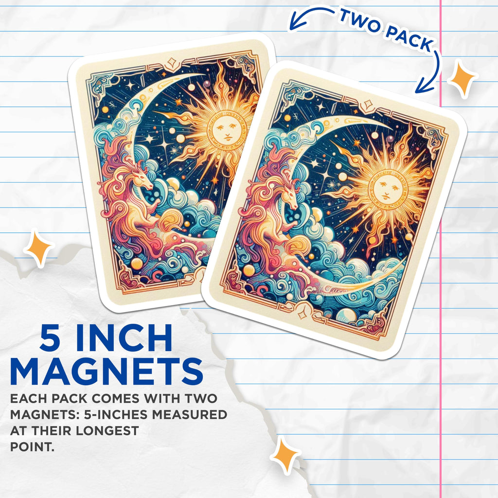 (2 Pack) Celestial Unicorn Magnets - Sun and Moon Art - Whimsical Fridge Decor - 5" On Longest Side - Premium Magnet - for Cars, Refrigerators, Toolboxes, Lockers - Made in USA - MAG14675