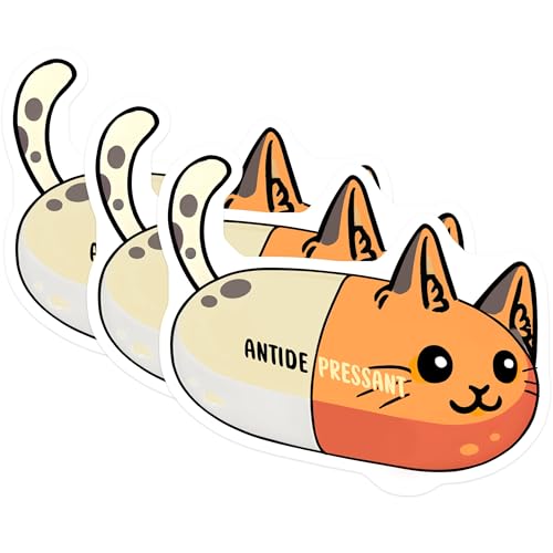 (3 Pack) Antidepressant Cat Decals - Pill Shaped - Funny Kitty Sticker - 3 Inches On Longest Side - Easy Peel & Apply - Made in USA - 3MCS6583