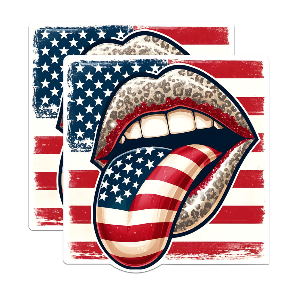 (2 Pack) American Flag Lips Stickers - Patriotic Kiss Stickers - USA Flag Tongue Decal - 5" On Longest Side - Sticks to Any Smooth Flat Surface - Made in USA - BMCS2704