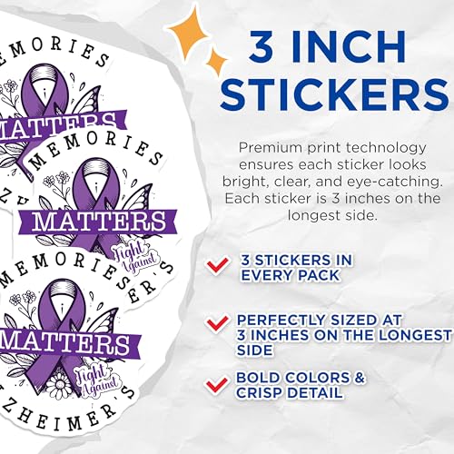 (3 Pack) Alzheimer's Awareness Decals - Purple Ribbon Stickers - Memories Matter Laptop Decals - 3 Inches On Longest Side - Easy Peel & Apply - Made in USA - 3MCS4731