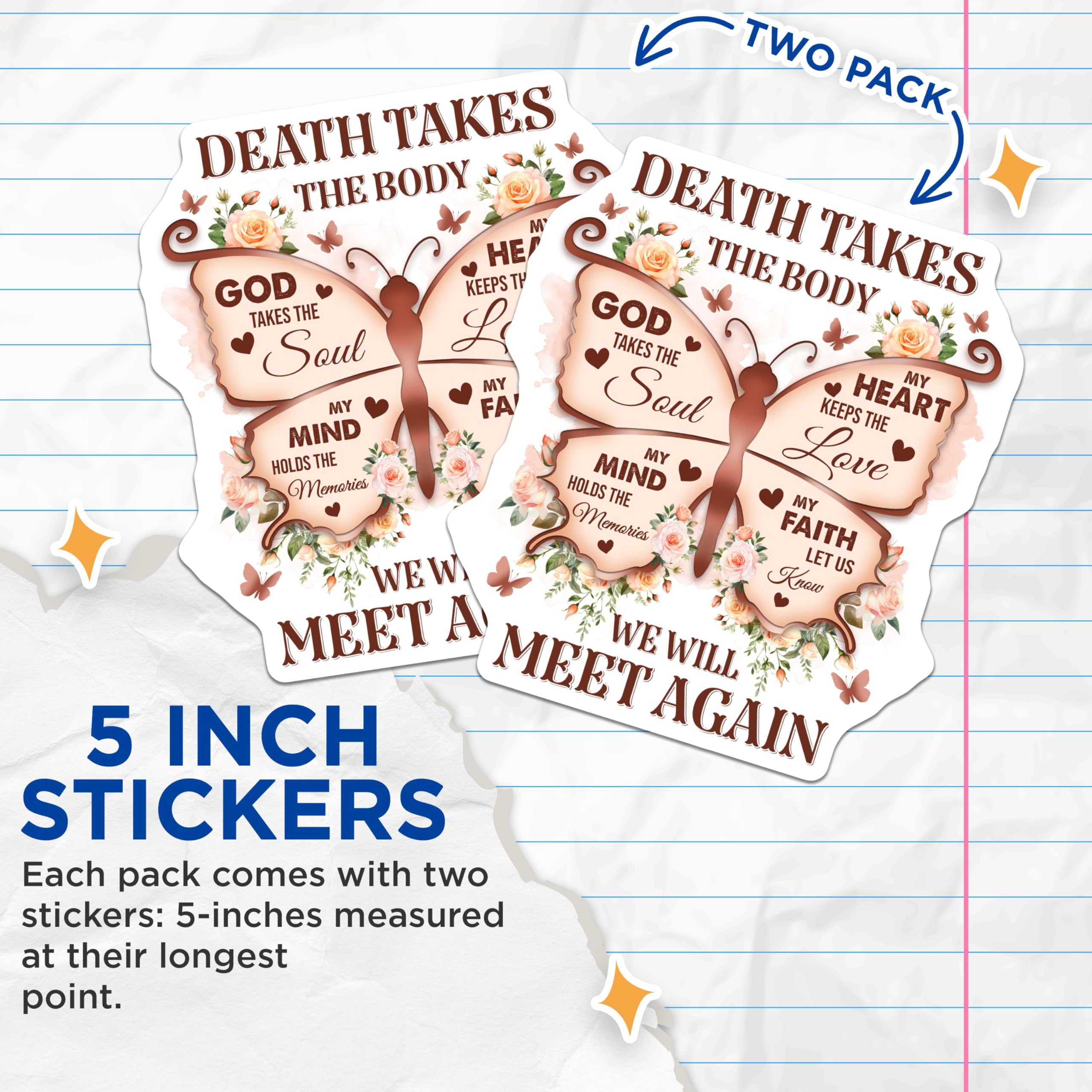 (2 Pack) Death Takes The Body Stickers - My Heart Keeps The Love - We Will Meet Again - 5" On Longest Side - Sticks to Smooth Flat Surfaces - Made in USA - BMCS6138