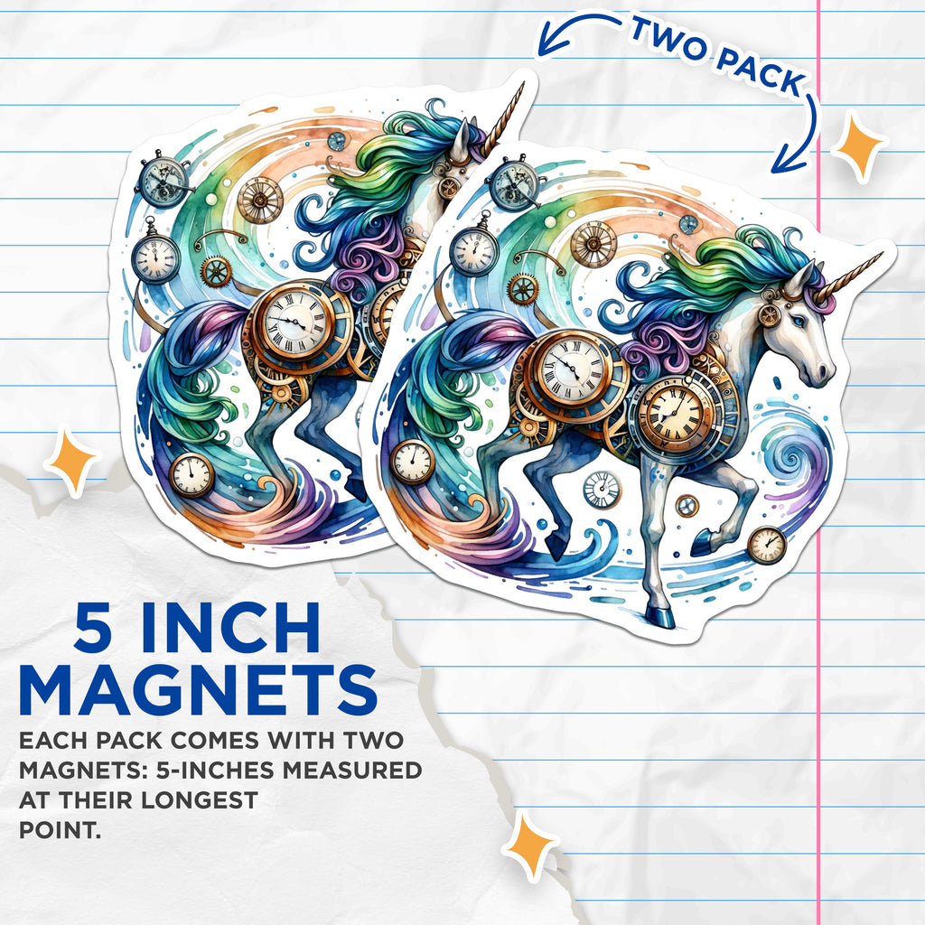 (2 Pack) Steampunk Unicorn Magnets - Clockwork Fantasy Art - Rainbow Magical Creature - 5 Inches On Longest Side - Thick Durable Magnet - Made in USA - MAG37041
