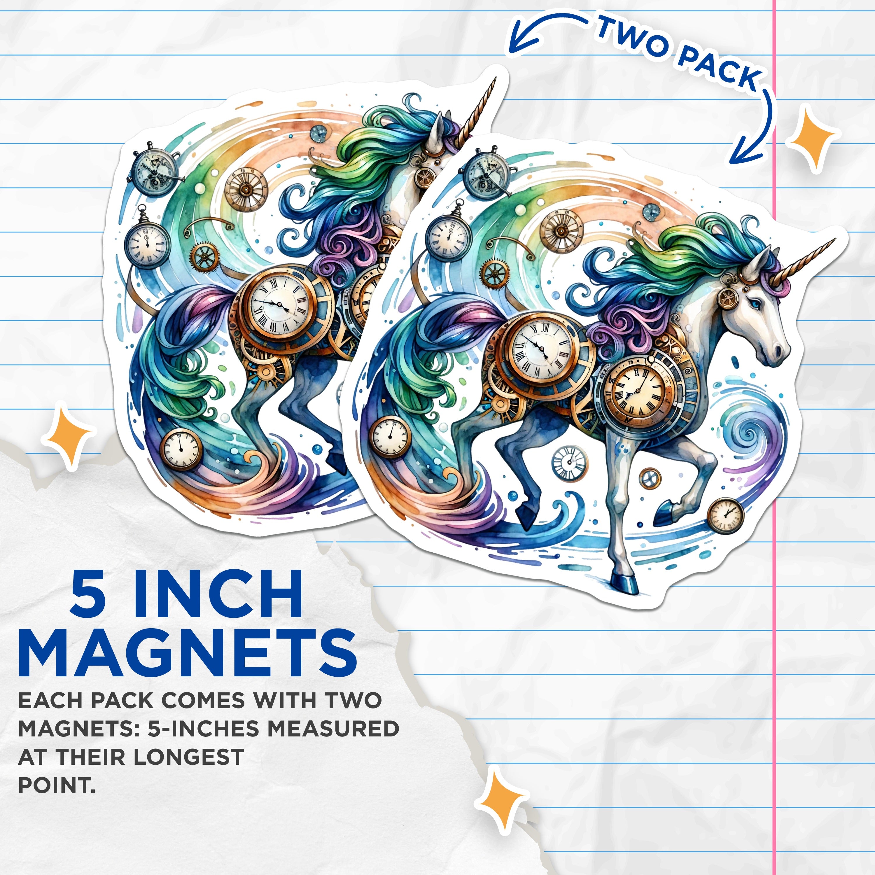 (2 Pack) Steampunk Unicorn Magnets - Clockwork Fantasy Art - Rainbow Magical Creature - 5 Inches On Longest Side - Thick Durable Magnet - Made in USA - MAG37041