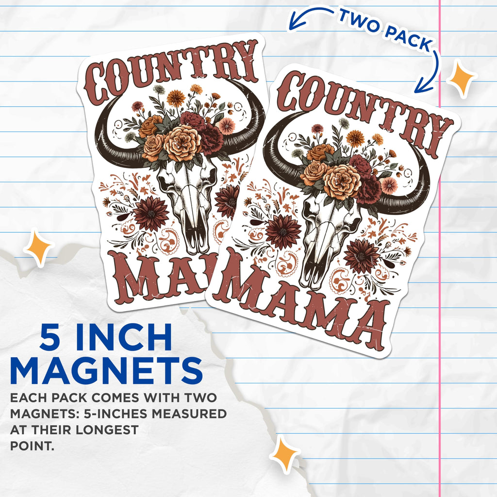 (2 Pack) Country Mama Magnets - Floral Skull - Western Decor - 5" On Longest Side - Premium Magnet - for Cars, Refrigerators, Toolboxes, Lockers - Made in USA - MAG16787