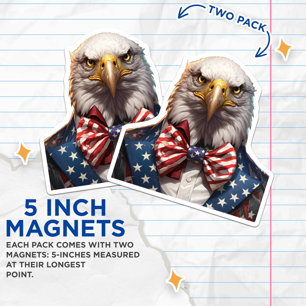 (2 Pack) Patriotic American Eagle Magnets - USA Flag Suit Bow Tie Decor - Independence Day Celebration - Freedom Symbolism - 5 Inches On Longest Side - Thick Durable Magnet - Made in USA - MAG20456