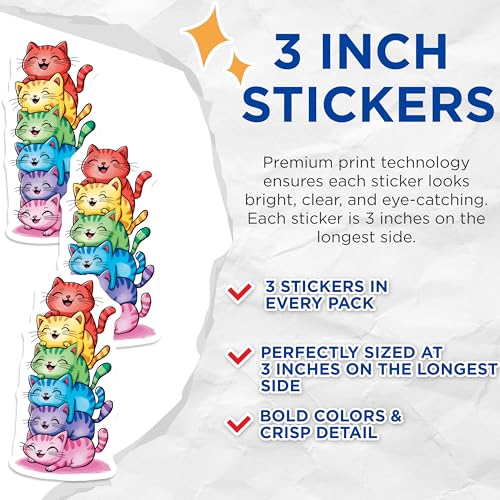 (3 Pack) Rainbow Cats Decals - Colorful Kittens Stickers - Stacked Cat Piles - 3 Inches On Longest Side - Easy Peel & Apply - Made in USA - 3MCS8317