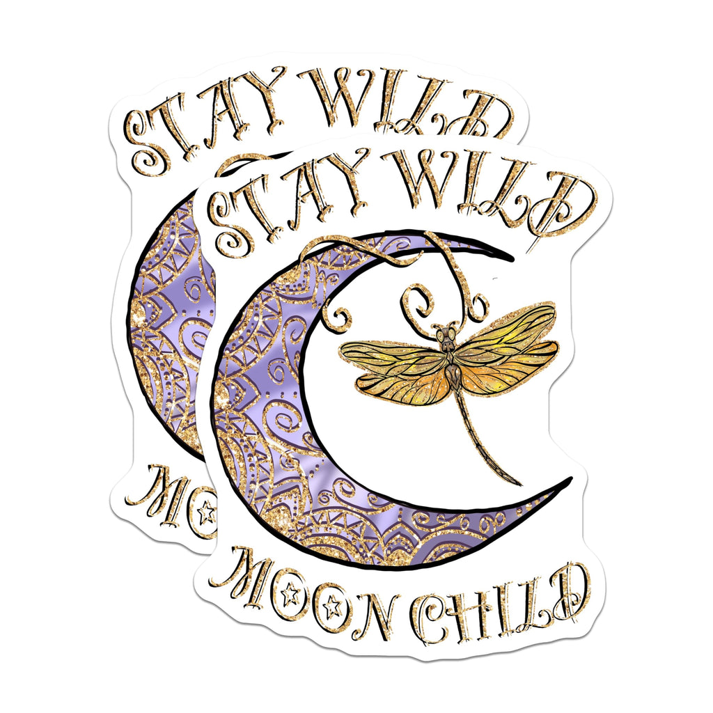 (2 Pack) Stay Wild Moon Child Stickers - Inspirational Quote Decal - Dragonfly Moon Stickers - 5" On Longest Side - Sticks to Smooth Flat Surfaces - Made in USA - BMCS4185