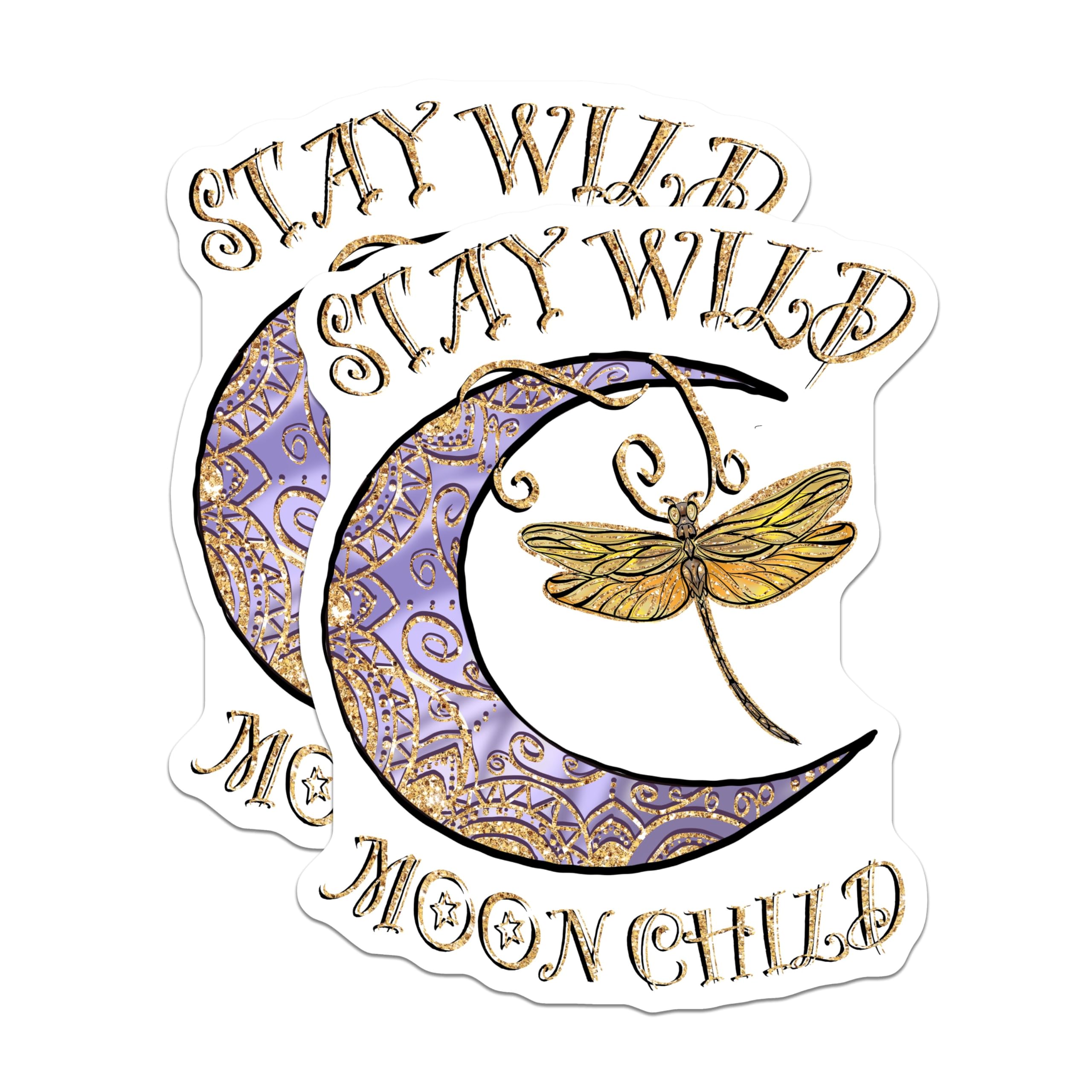 (2 Pack) Stay Wild Moon Child Stickers - Inspirational Quote Decal - Dragonfly Moon Stickers - 5" On Longest Side - Sticks to Smooth Flat Surfaces - Made in USA - BMCS4185