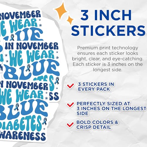 (3 Pack) Diabetes Awareness Decals - November Awareness Decal - Blue Ribbon Decals - 3 Inches On Longest Side - Easy Peel & Apply - Made in USA - 3MCS2595