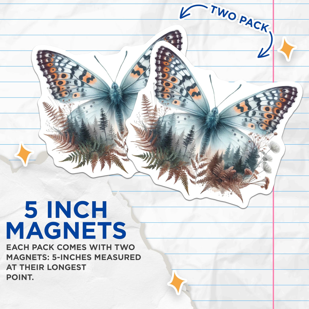 (2 Pack) Butterfly Magnets - Nature Artwork - Fern Decor - 5" On Longest Side - Premium Magnet - for Cars, Refrigerators, Toolboxes, Lockers - Made in USA - MAG14695