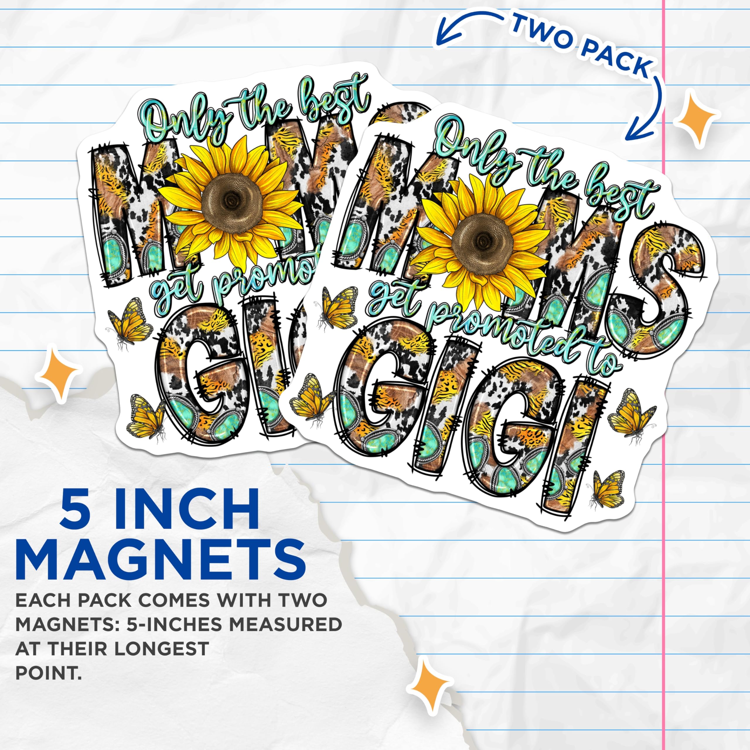 (2 Pack) Gigi Magnets - New Grandma Promotion - Sunflower Butterfly Western Cowhide Decor - 5 Inches On Longest Side - Thick Durable Magnet - Made in USA - MAG24726