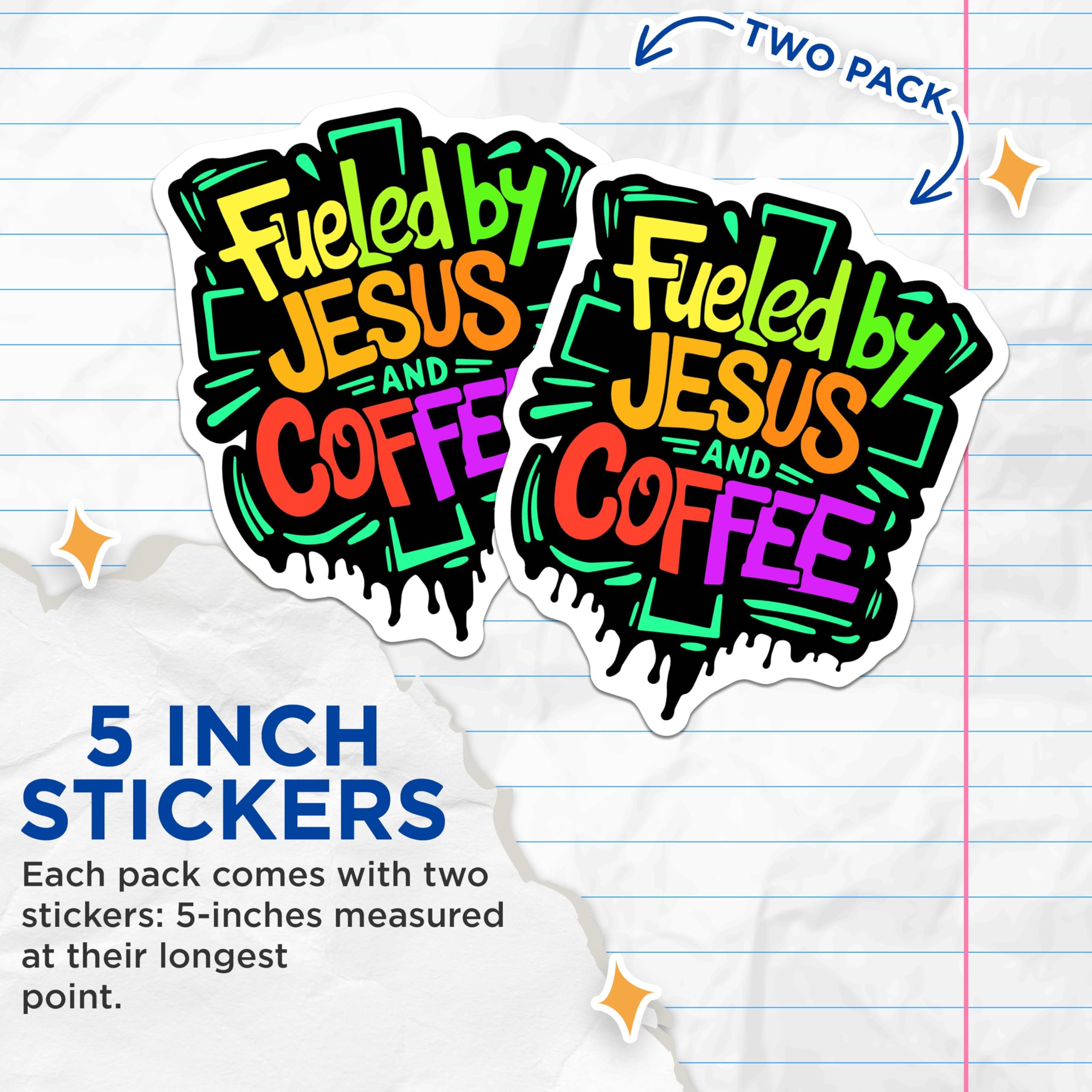 (2 Pack) Fueled by Jesus and Coffee Stickers - Christian Faith Stickers - Funny Coffee Lover Decals - 5" On Longest Side - Sticks to Smooth Flat Surfaces - Made in USA - BMCS9956
