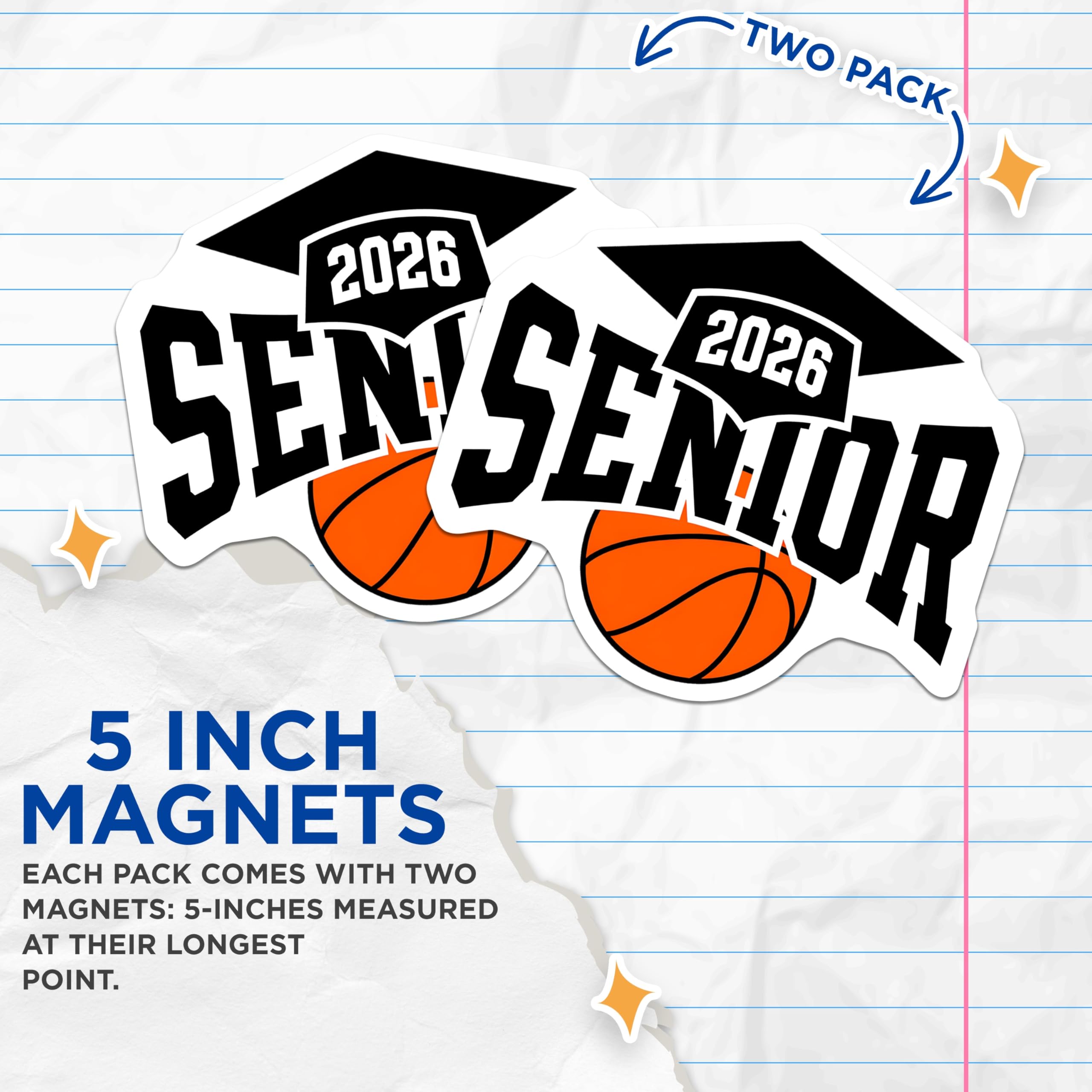 (2 Pack) Senior 2026 Basketball Magnets - Graduation Cap Decor - Class of 2026 Keepsake - High School College Graduate - 5 Inches On Longest Side - Thick Durable Magnet - Made in USA - MAG21308