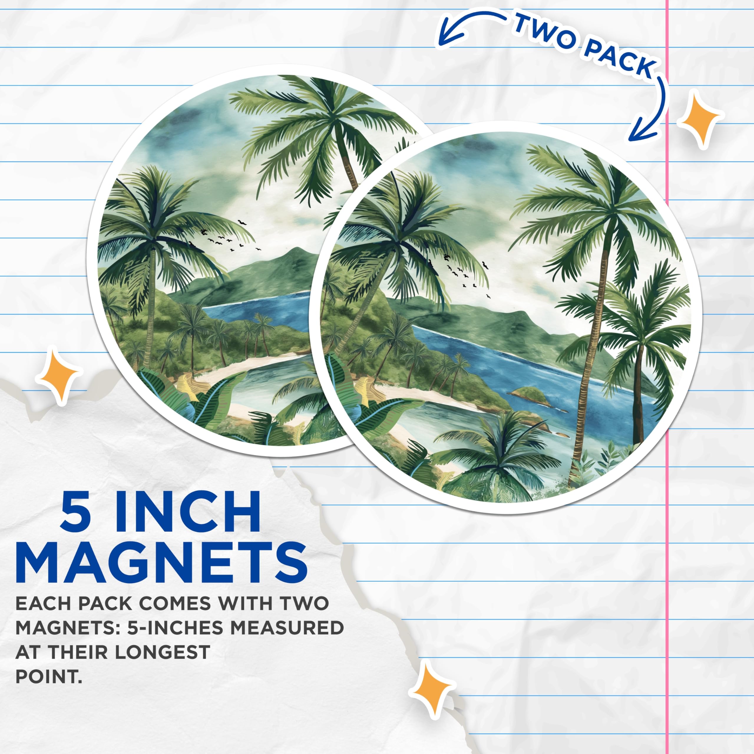 (2 Pack) Tropical Island Magnets - Watercolor Palm Tree Beach Scene - Coastal Ocean Vacation Refrigerator Locker Magnets - 5 Inches On Longest Side - Thick Durable Magnet - Made in USA - MAG19964
