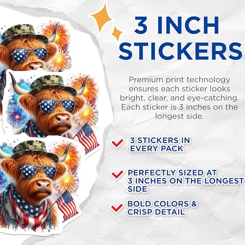 (3 Pack) Highland Cow Decals - Patriotic Bull - American Flag Decal- 3 Inches On Longest Side - Easy Peel & Apply - Made in USA - 3MCS5130