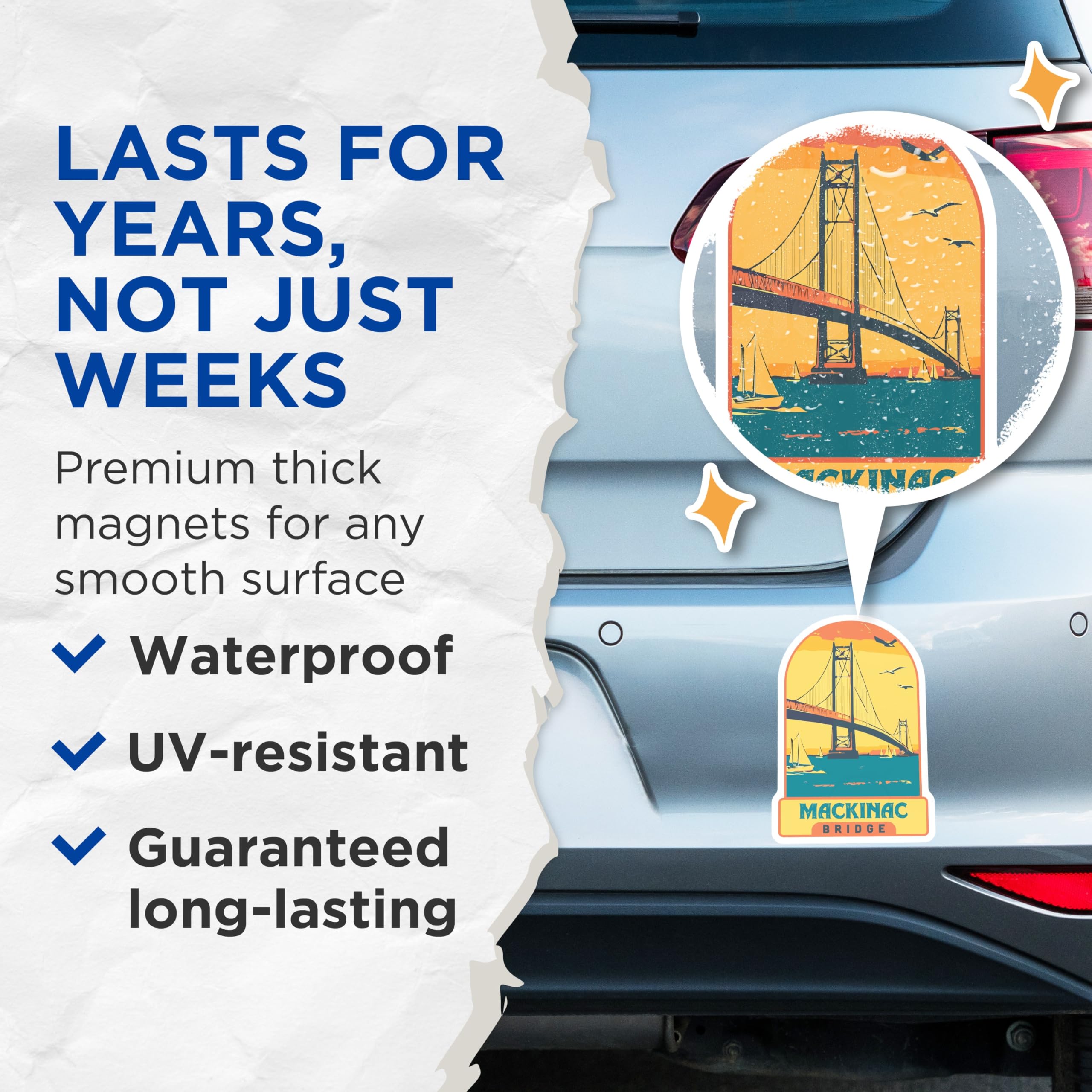 (2 Pack) Mackinac Bridge Magnets - Michigan Travel Souvenir - Vintage Style Landmark Art - 5 Inches On Longest Side - Thick Durable Magnet - Made in USA - MAG19668