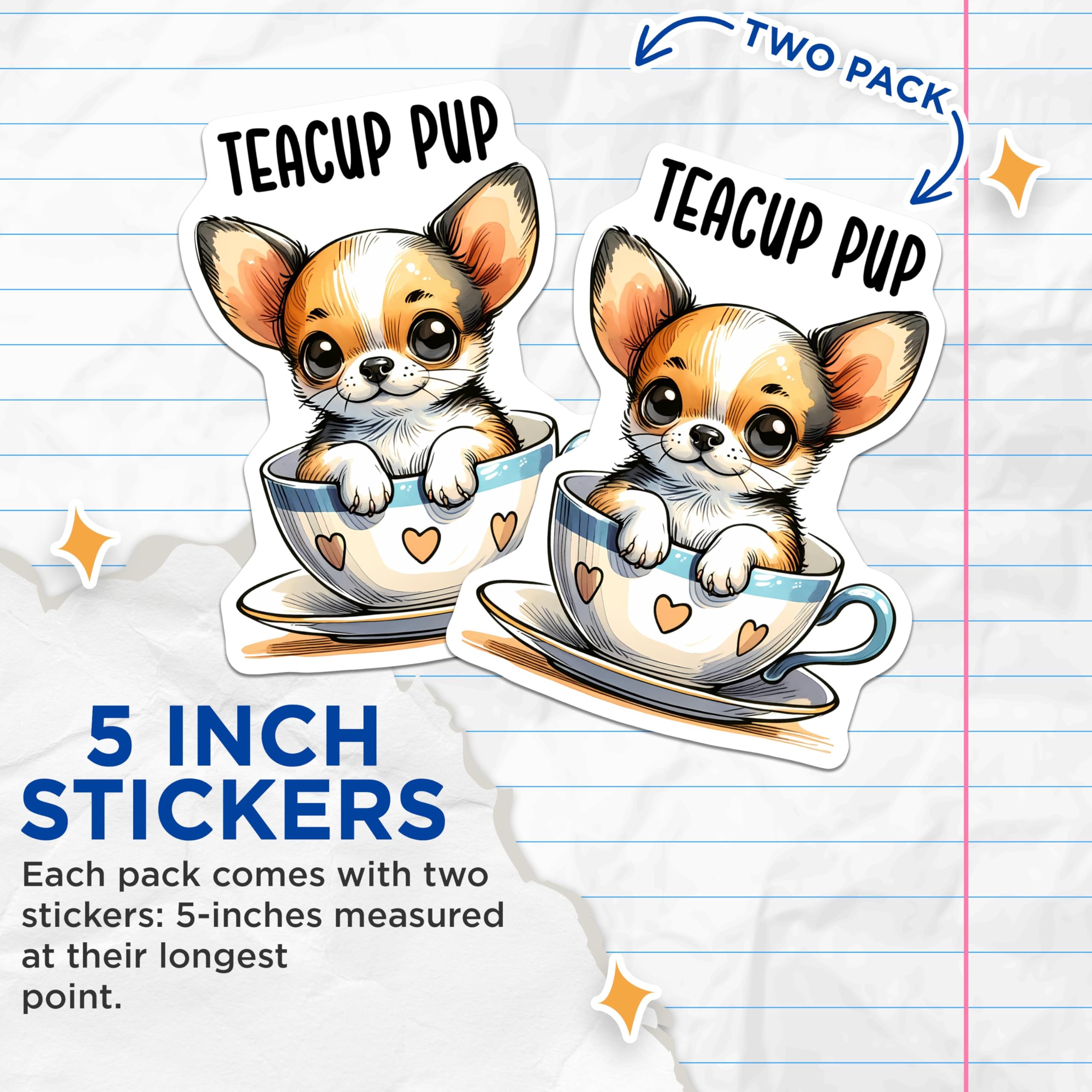(2 Pack) Teacup Pup Stickers - Cute Dog Stickers - Puppy Lover Stickers - Adorable Cartoon Dog Art Stickers - 5" On Longest Side - Sticks to Smooth Flat Surfaces - Made in USA - BMCS3644