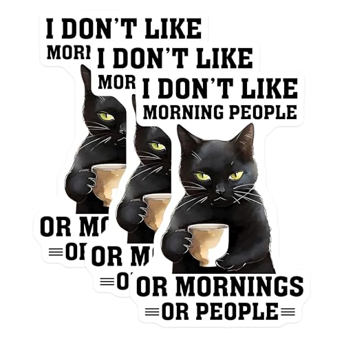 (3 Pack) Funny Cat Decals - Coffee Lover Decal - I Hate Morning People - Laptop Decal - 3 Inches On Longest Side - Easy Peel & Apply - Made in USA - 3MCS6502