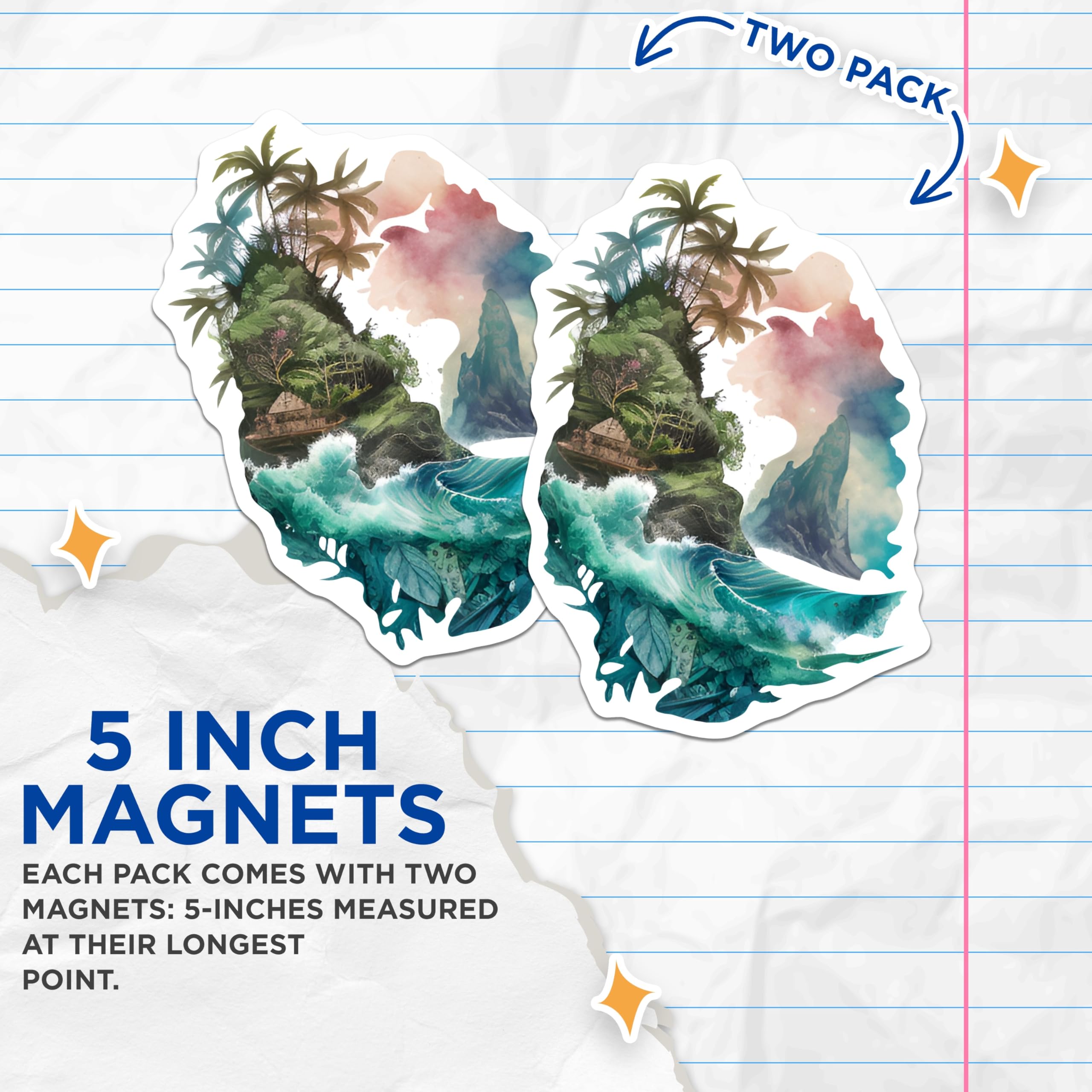 (2 Pack) Tropical Island Scenery Magnets - Vibrant Ocean Waves Coastal Decor - Lush Palm Tree Paradise Landscape - 5 Inches On Longest Side - Thick Durable Magnet - Made in USA - MAG19916