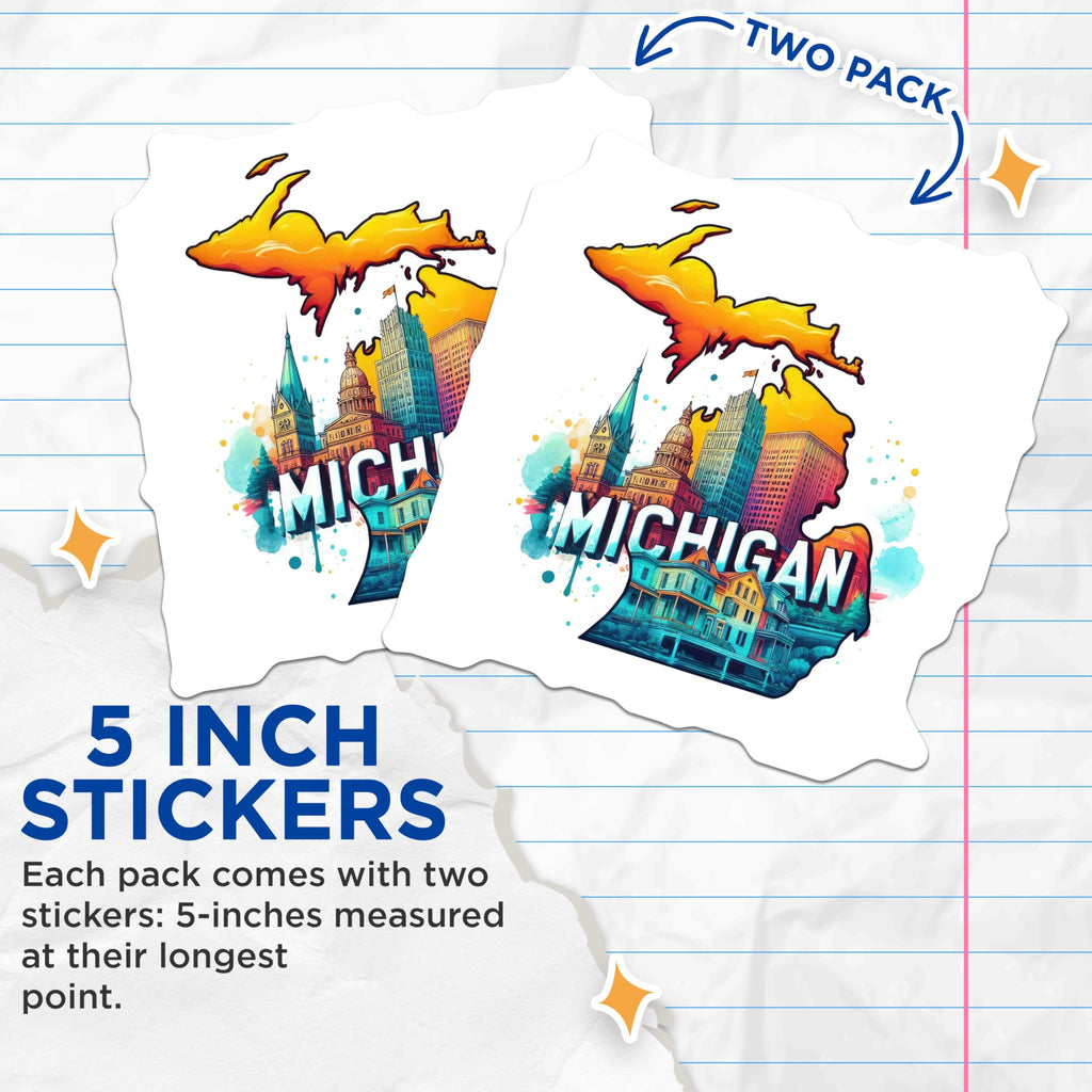 (2 Pack) Michigan Map Stickers - Colorful Cityscape Art Stickers - Great Lakes State Decal - 5" On Longest Side - Sticks to Smooth Flat Surfaces - Made in USA - BMCS5169