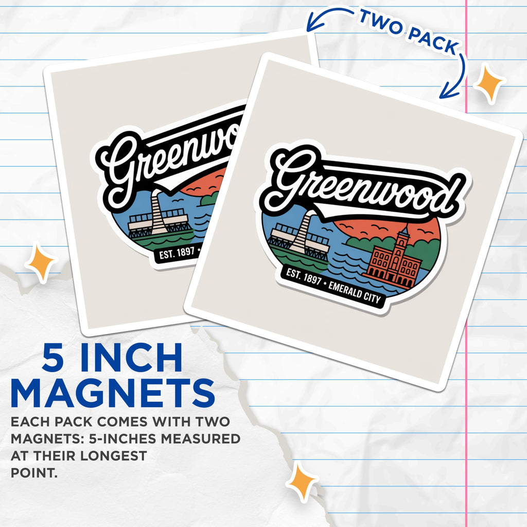 (2 Pack) Greenwood Magnets - Mississippi Souvenir - Emerald City Travel Fridge Decor - 5" On Longest Side - Premium Magnet - for Cars, Refrigerators, Toolboxes, Lockers - Made in USA - MAG17241