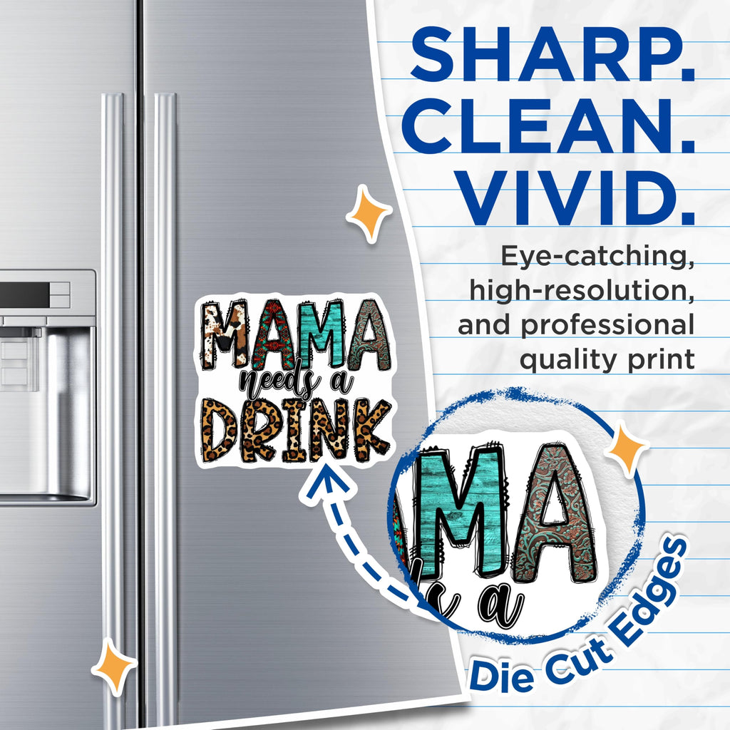 (2 Pack) Mama Needs A Drink Magnets - Western Boho Fridge Decor - Leopard Print Cowhide Mama Gift - 5 Inches On Longest Side - Thick Durable Magnet - Made in USA - MAG26782