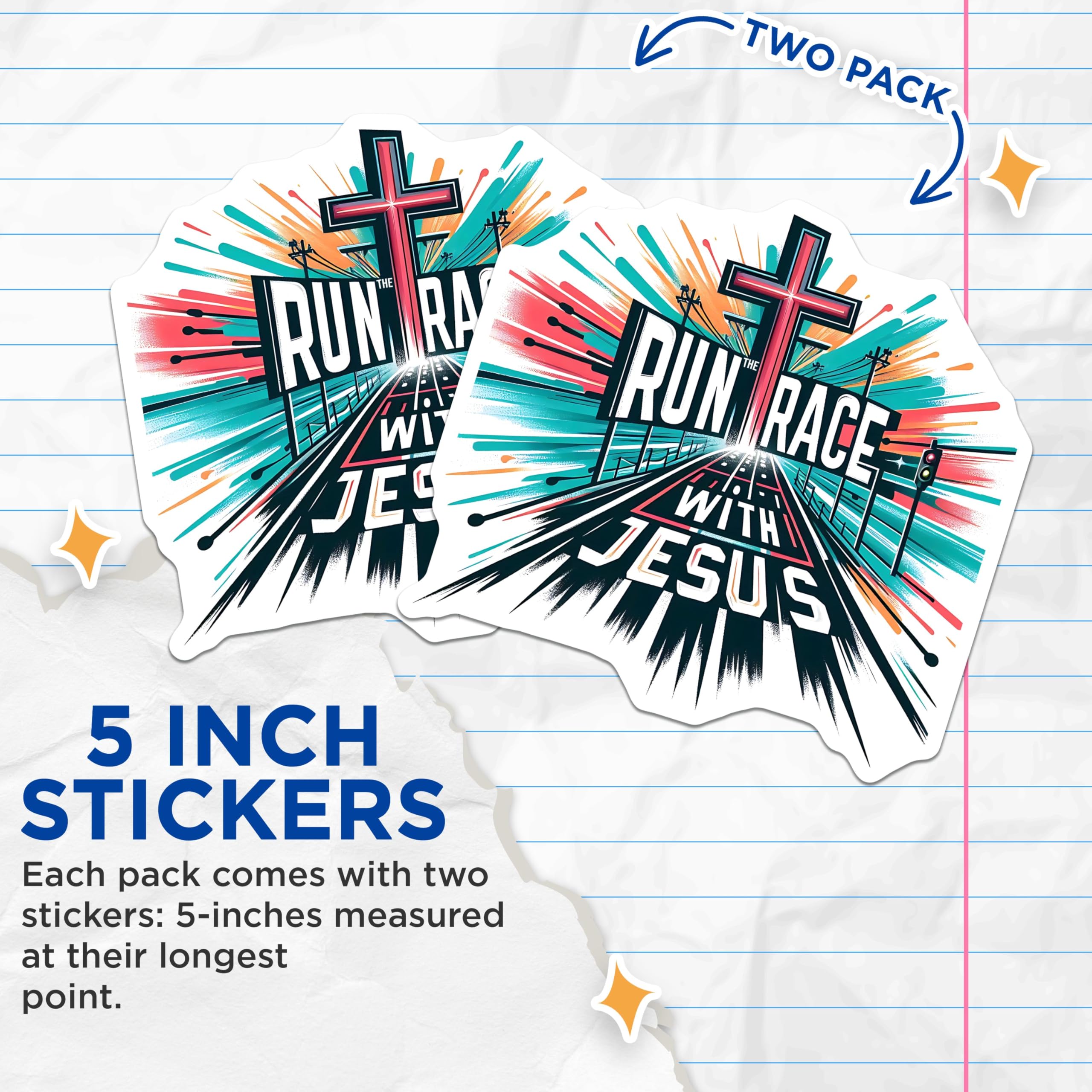 (2 Pack) Run The Race with Jesus Stickers - Motivational Faith Stickers - Christian Inspirational Stickers - 5" On Longest Side - Sticks to Smooth Flat Surfaces - Made in USA - BMCS9642