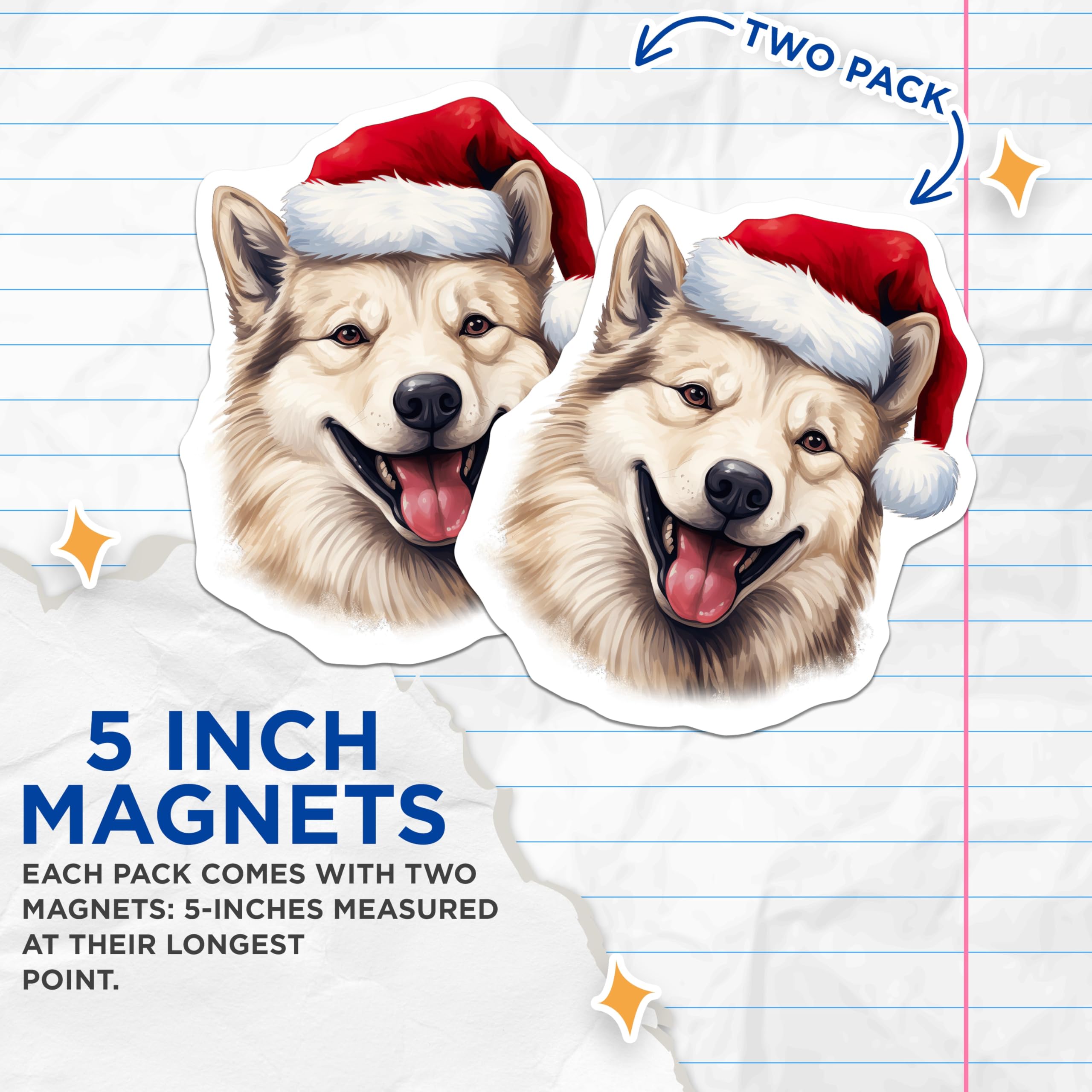 (2 Pack) Husky Dog Magnets - Santa Hat Pet Decor - Christmas Animal Fridge Art - 5 Inches On Longest Side - Thick Durable Magnet - Made in USA - MAG24578